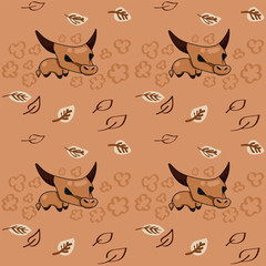 Seamless pattern with cute cartoon bull and autumn leaves. Vector illustration.