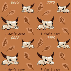 Vector seamless pattern with cute cartoon cows and leaves on brown background.