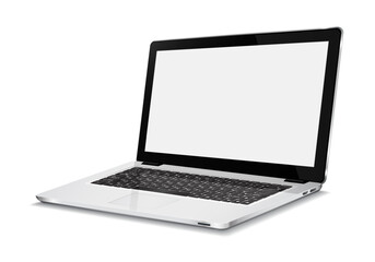 Laptop with blank screen isolated on white background.  Realistic open laptop with white aluminium body. Modern glossy laptop. Vector illustration.
