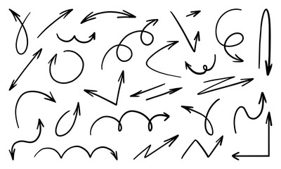 Arrows vector icons set. Hand drawn freehand different curved lines, swirls arrows. Set simple arrows isolated on white background. Doodle marker drawing, black chalk smears. Direction pointers. 