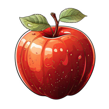 Fresh red apple with dew on it  . Clipart PNG image . Transparent background . Cartoon vector style . Generative AI