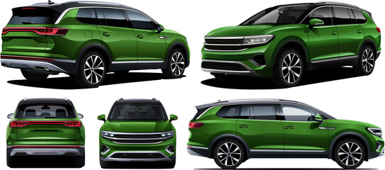 Realistic Vector Green Car Mini Van Blueprint in front, back, side and isometric view, with gradients and transparency, manually traced.