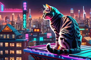 A cat in a city full of neon signs Generative AI