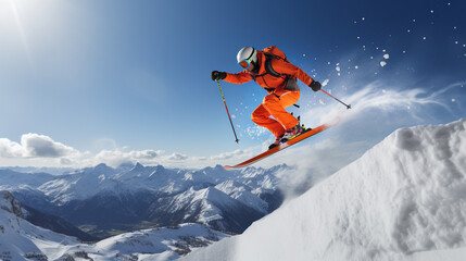 Naklejka na ściany i meble Skier skiing downhill in snowy mountains