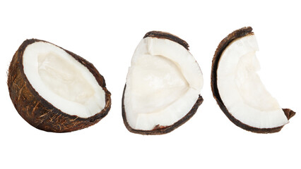 Set of whole coconuts and pieces of coconut on a blank background. PNG