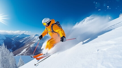 Skier on the slope in the mountains - obrazy, fototapety, plakaty