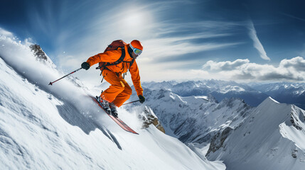 Skier skiing downhill in the mountains