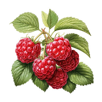 Raspberry with green leaves . Clipart PNG image . Transparent background . Cartoon vector style . Generative AI