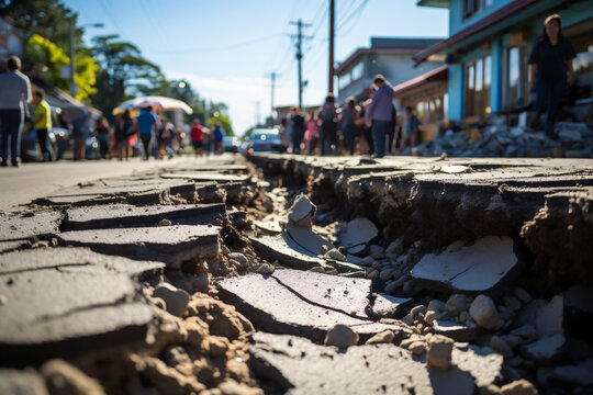 Damaged houses and road after the strong earthquake. AI generated