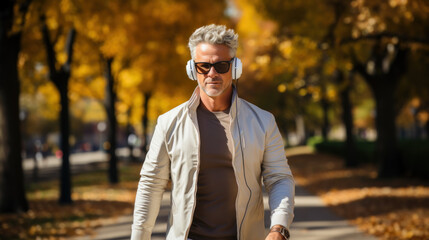 Happy positive mature man wearing headphones on a walk