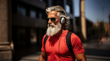 Obraz premium Happy positive mature man wearing headphones on a walk