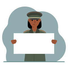 A military man in uniform holds a white sheet of paper in his hands. Concept for advertising, poster, banner.