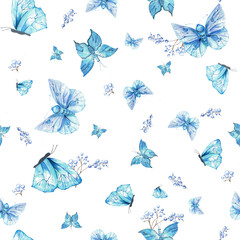 a set of watercolor illustrations. blue butterflies, lotus flowers, leaves, hands. for design and postcards