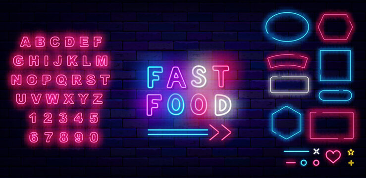 Fast food neon label. Street bakery logotype. Shiny pink alphabet. Glowing advertising. Vector stock illustration