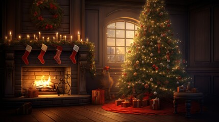 Fototapeta na wymiar Christmas tree decoration with fireplace 
