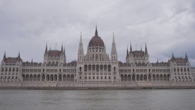 Passing the Hungarian Parliament building on the river boat. Slow motion. 