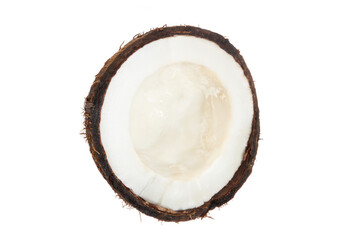 Half a coconut in a coconut shell on a blank background. PNG