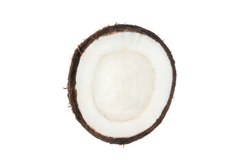 Half a coconut in a coconut shell on a blank background. PNG