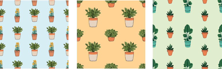 A set of seamless patterns with indoor plants. Nice sweet atmsphere. For fabric, scrapbooking, postcards, paper