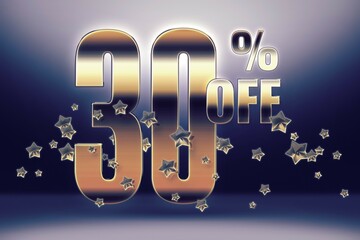 Golden 30 off numbers and stars on a blue gradient. Price labele sale promotion market. purchase deal