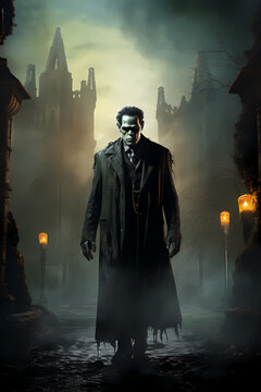 Frankenstein monster leaving castle on a foggy gothic moonlit night