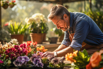 Fototapeta na wymiar Passionate gardener meticulously tends to his beloved plants with love and dedication