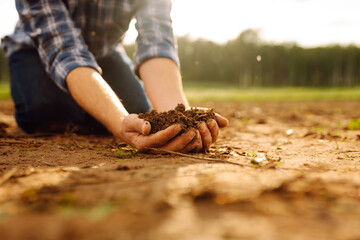 Farmer's hands holding soil, checking soil health before sowing. Close-up of hands with black soil. Business or ecology concept.