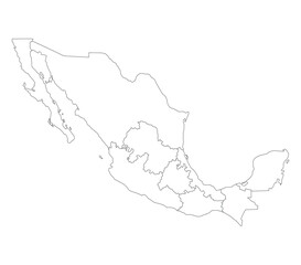 Map of Mexico with administrative regions in white color. Mexican map regions.