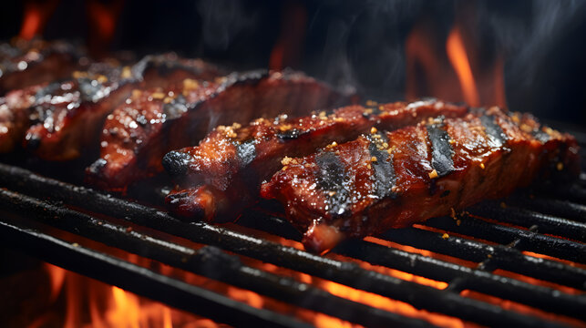 american bbq ribs cooking on grill. close up of juicy bbq ribs in a smoker
