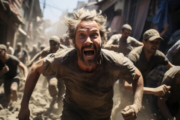 Frightened people running from earthquake with an expression of nightmare and horror on their face, demolished houses wall background. AI Generative