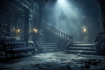 Eerie interior of abandoned haunted mansion, with a grand staircase leading through its decaying hall