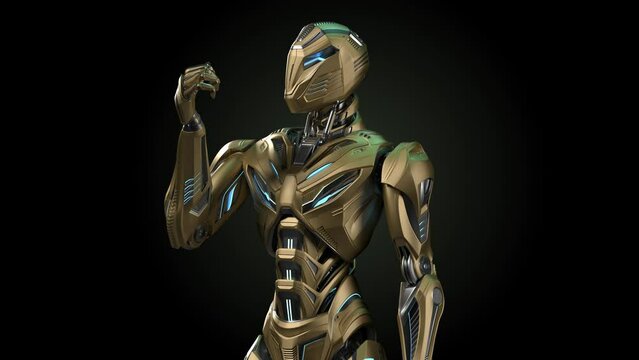 Detailed futuristic robot or humanoid cyborg looking at his arm. Upper body isolated on black background with alpha. 3d rendering animation