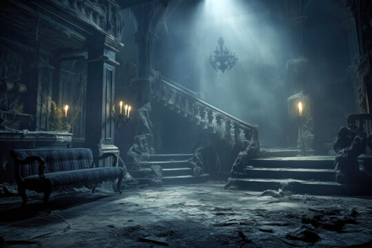 Eerie interior of abandoned haunted mansion, with a grand staircase leading through its decaying hall