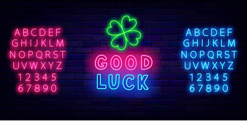 Good luck neon label. Clover leaves. Saint Patrick day. Handwritten colorful inscription. Vector stock illustration