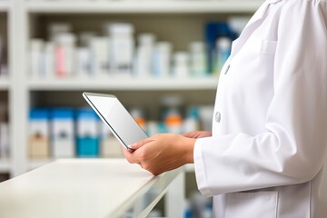 Female Apothecary Checking Medical Store Inventory using Digital Tablet - Closeup of Hands on Shelf Stock