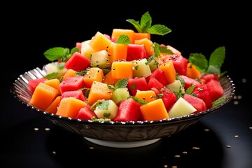 Fresh and Colourful Melon Salad with Cantaloupe and Watermelon in a Bowl. Delicious and Healthy Mix of Fruits as a Refreshing Summer Food