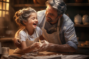 Happy father and daughter baking in a kitchen