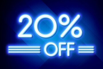 White neon inscriptions 20 off of discounts on a blue art background Price labele sale promotion market. purchase