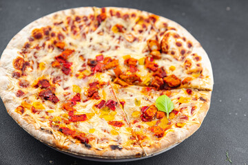 pizza thin dough wood-fired oven, meat, bacon, cheese Cooking appetizer meal food snack on the table