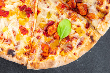 pizza thin dough wood-fired oven, meat, bacon, cheese Cooking appetizer meal food snack on the table