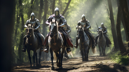 a group of knights in armor riding through the woods