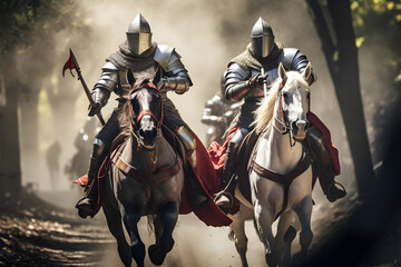 a group of knights in armor riding through the woods