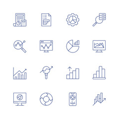 Analytics line icon set on transparent background with editable stroke. Containing accounting, analytics, cycle, data analytics, graph, graphic, phone, profits, spreadsheet app.