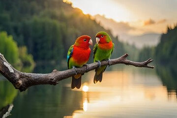 red and yellow macaw on the branch showing love for each other  generated by AI