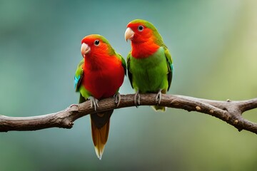 red and yellow macaw on the branch showing love for each other  