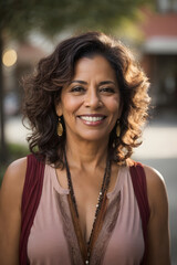 Obraz premium Portrait of a confident, smiling middle-aged Hispanic woman in her 40s or 50s, radiating positivity outdoors, showcasing Latin American pride. Image created using artificial intelligence.
