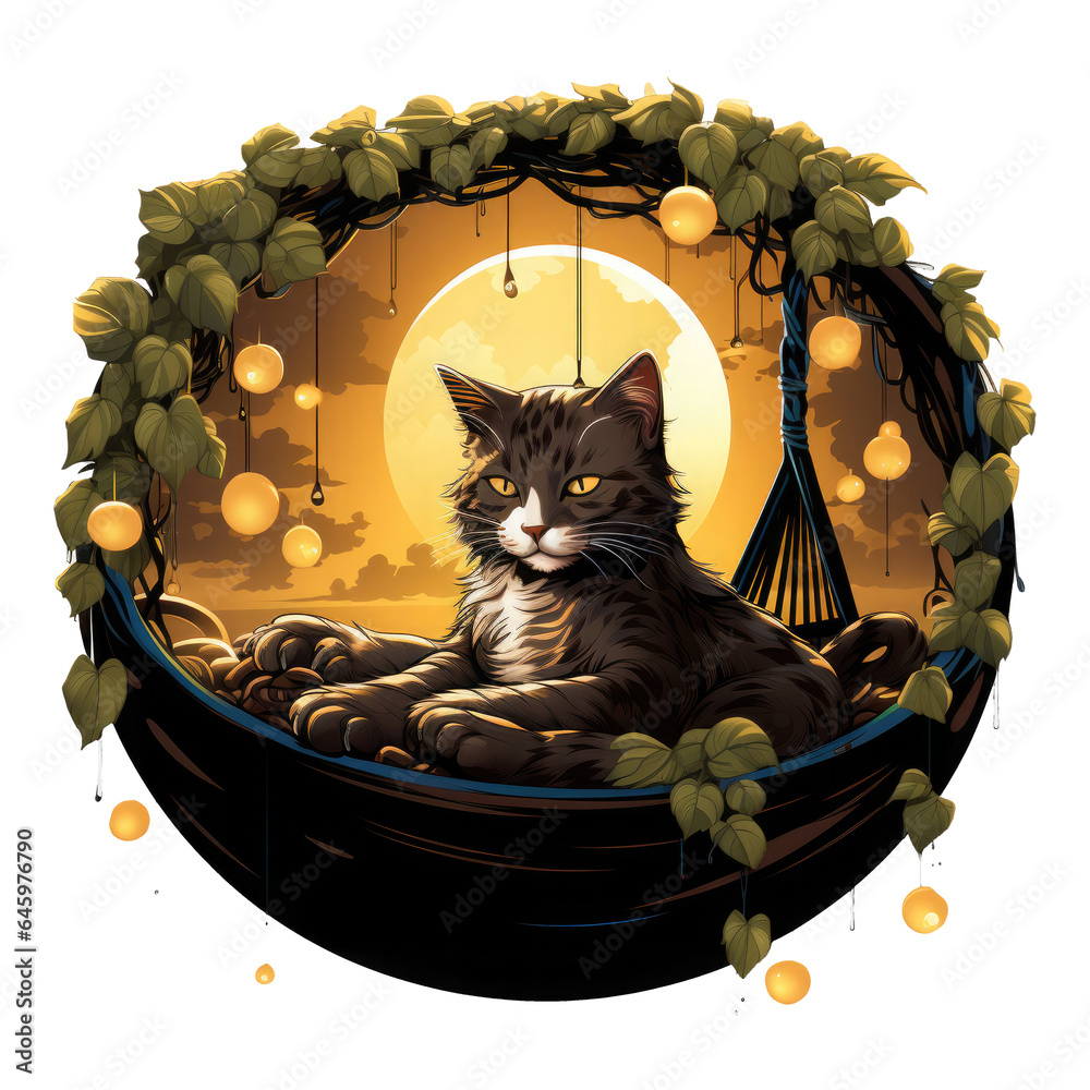 Fototapete A tranquil coffee cat t-shirt design capturing a cat napping on a coffee bean hammock under the soft glow of a full moon, Generative Ai