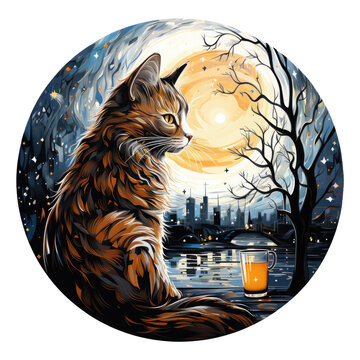 A Heartwarming Coffee Cat T-shirt Design Portraying A Cat And Its Reflection In A Coffee Mug, Both Sharing A Moment Of Quiet Contemplation Under A Starry Night Sky, Generative Ai