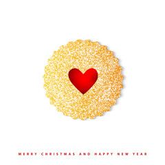 Linzer cookie, greeting card, design element, pastry. Traditional Christmas sandwich cookie. Fillled with strawberry jam. Design element.
