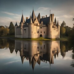 Obraz premium A symmetrical reflection of a medieval castle in a calm moat3